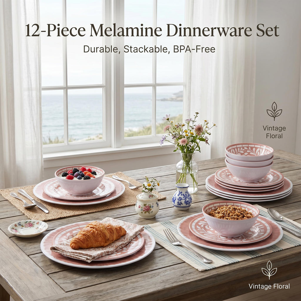 12 Pcs Light Pink Melamine Dinnerware Set Y582