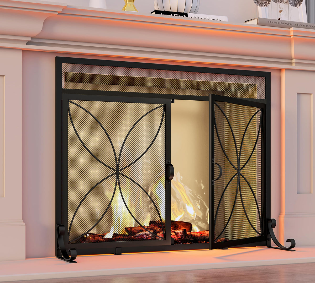 Black Metal Fireplace Screen Magnetic Doors W793592