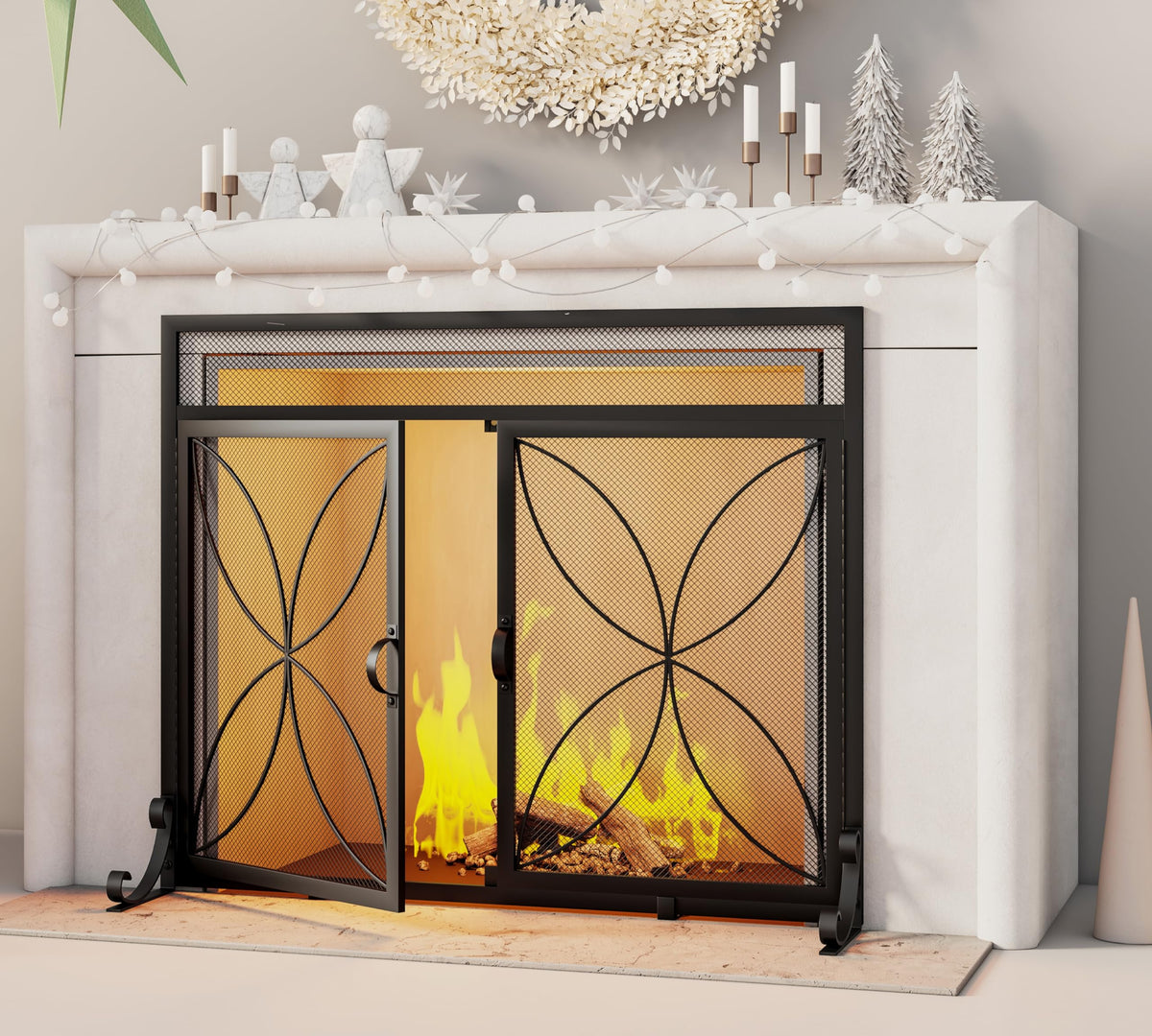 Black Metal Fireplace Screen Magnetic Doors W793592