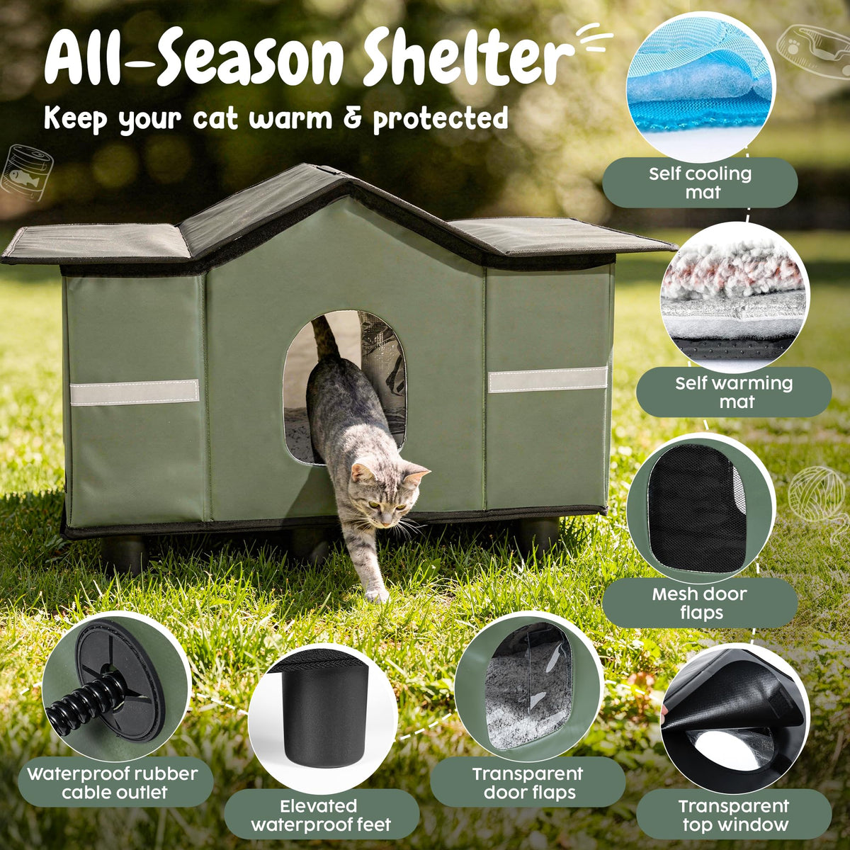 Insulated Outdoor Cat House with Self Warming & Self Cooling Mat D744
