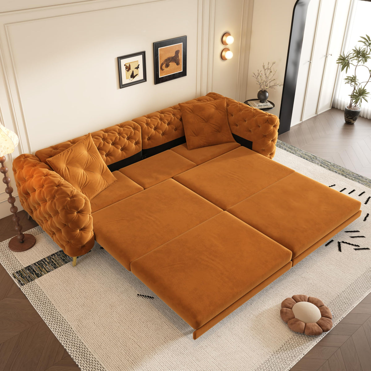 Orange Velvet Convertible Sleeper Sofa with Ottoman E925543