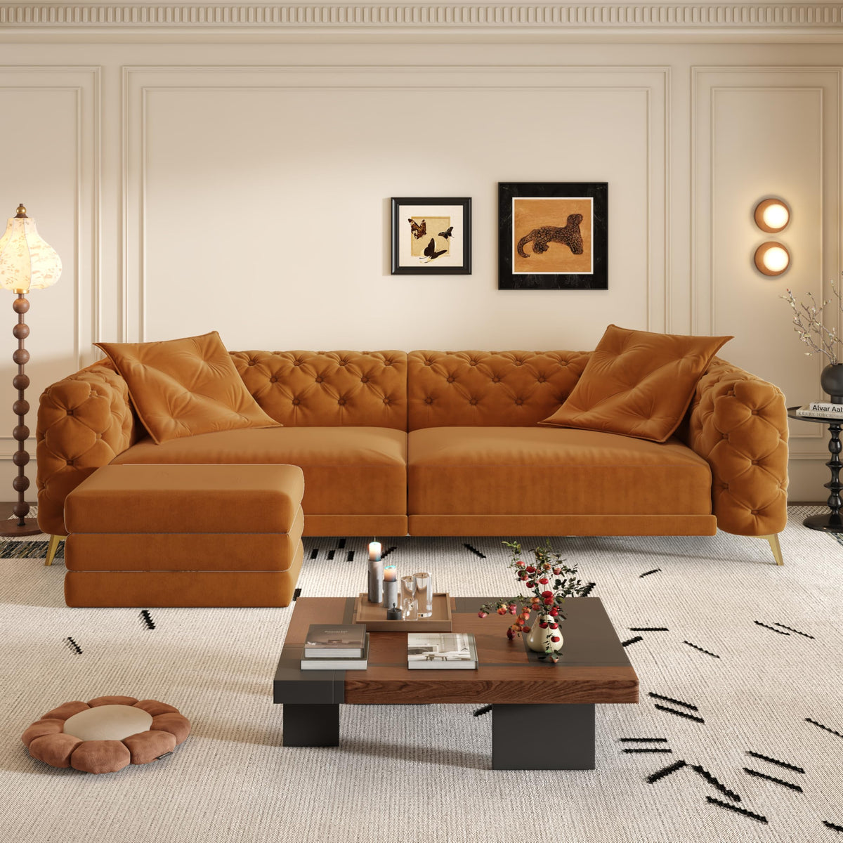 Orange Velvet Convertible Sleeper Sofa with Ottoman E925543