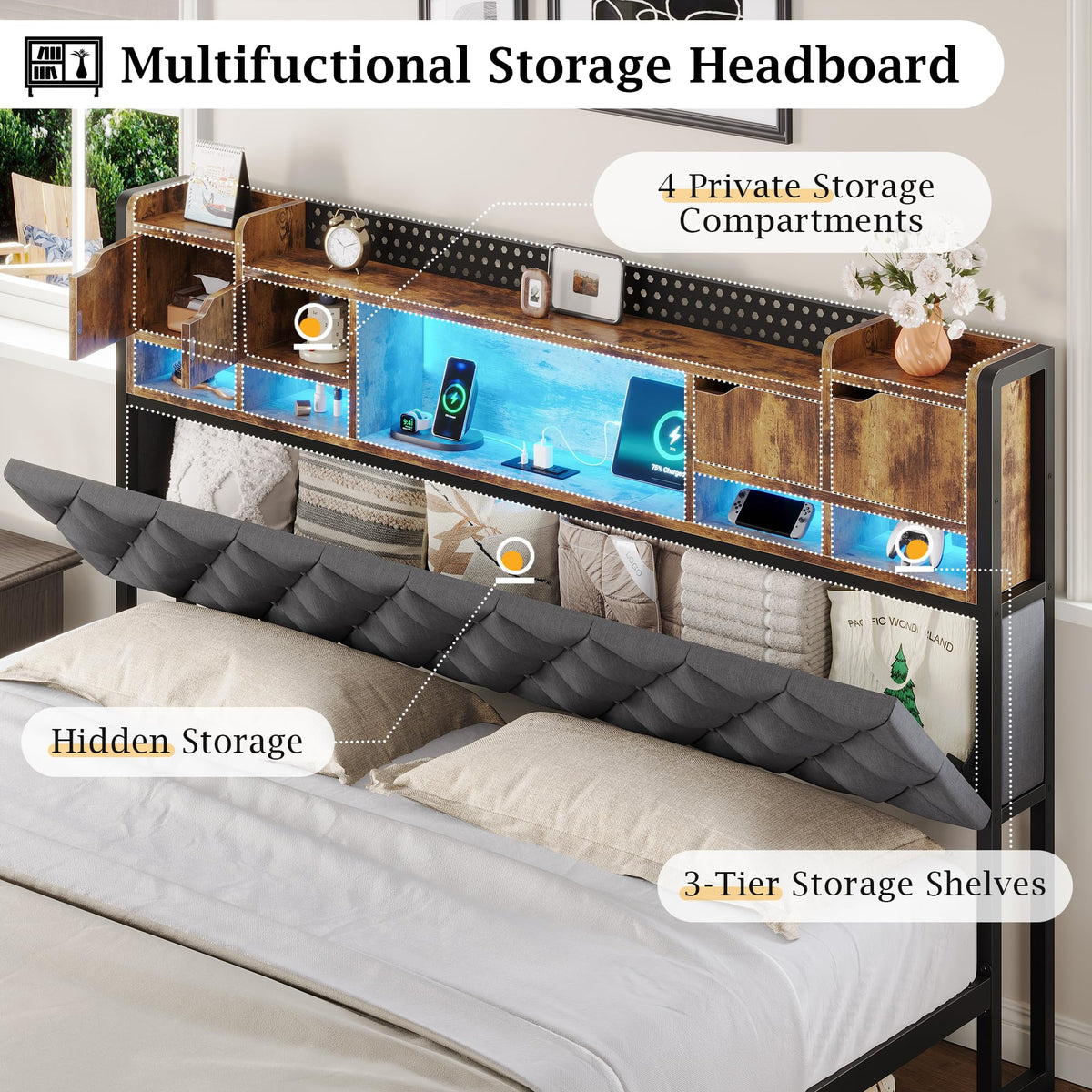 King Size Bed Frame with Storage Bookcase Headboard P851