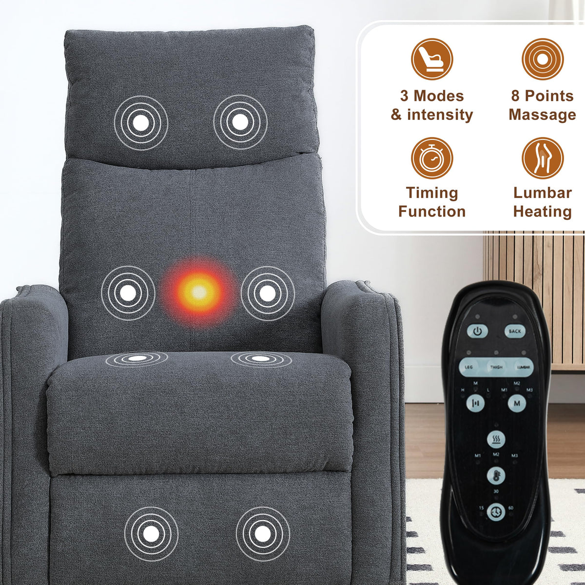 Dark Gray Swivel Rocker Recliner Chair with Vibration Massage and Heat G576